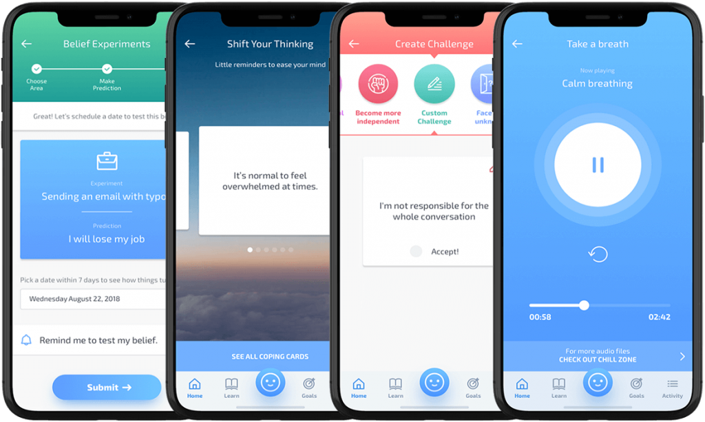 4 iPhone mockups showing features of the Mindshift app which helps manage and reduce anxiety